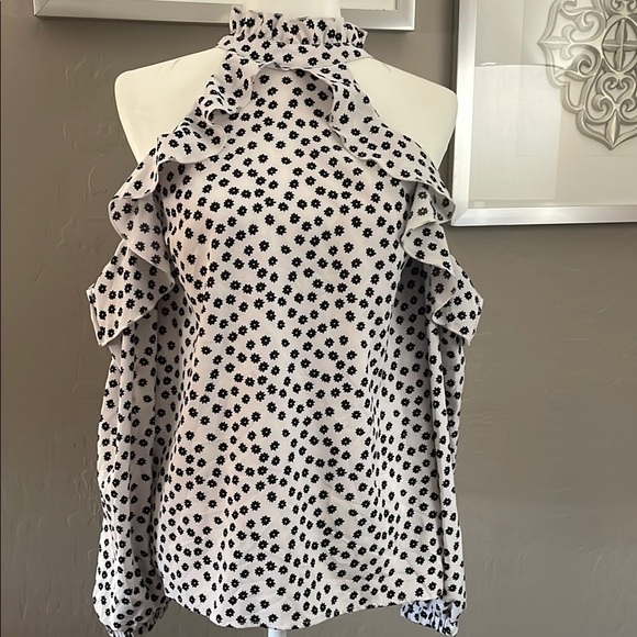 SHEIN NEW Black and White Ruffled Cut Out Blouse - Picture 1 of 5
